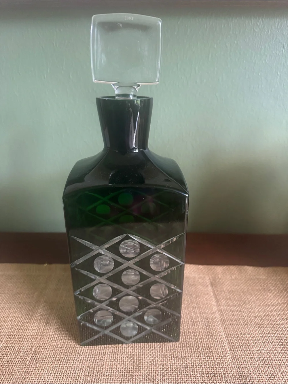 World Market Green Cut Glass Decanter Square Stopper MCM Style Barware”